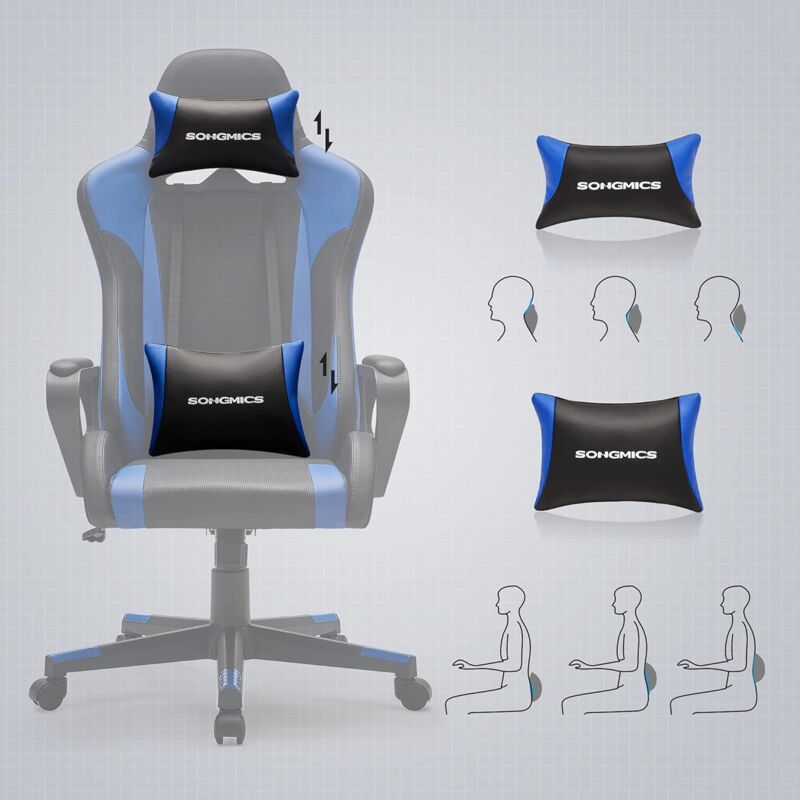 Authmic Gaming-Stuhl, mit verstellbare Kopfstütze und Lendenwirbelstütze,  mit Lendenkissen, Wippfunktion 90°-165°, bis 150kg.