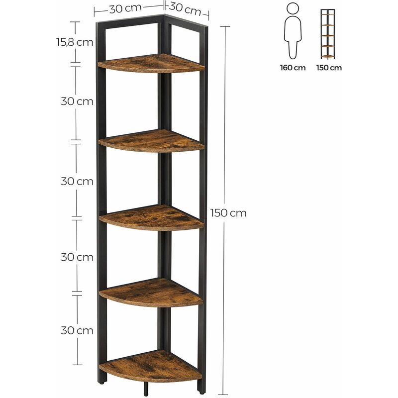 VASAGLE Eckregal mit 5 Ablagen, Bücherregal, Aufbewahrungsregal,  multifunktional, für Wohnzimmer, Schlafzimmer, Büro, 30 x 30 x 150 cm,  Industrie-Design, vintagbraun-schwarz LLS803B01