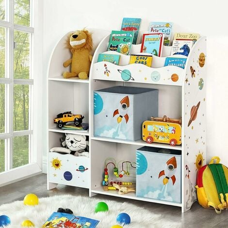 Kinderzimmerregal, Spielzeug-Organizer, Bücherregal für Kinder,  multifunktionale Ablage mit 2 Aufbewahrungsboxen, Sticker mit  Weltall-Motiven, Kinderzimmer