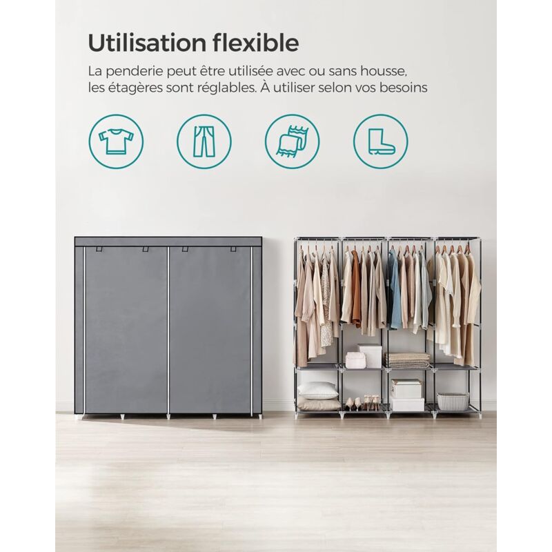 SONGMICS Armoire Chambre En Tissu Penderie Porte-Vêtements 45x170x167 Cm - 4 Tringles, Étagères Et Pochettes - Noir RYG094B02