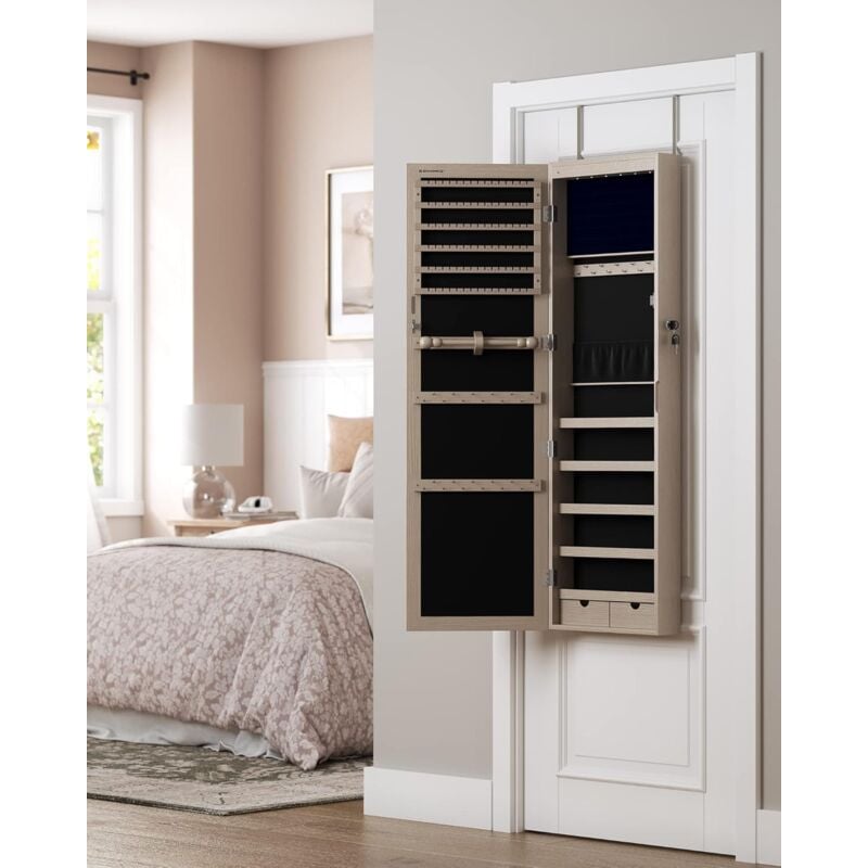 Armoire à Bijoux, pour Colliers, Boucles d’Oreilles, Placard à Accessoires, avec Miroir, Divers Compartiments, Verrouillable, Couleur Chêne JJC093M01 SONGMICS 3