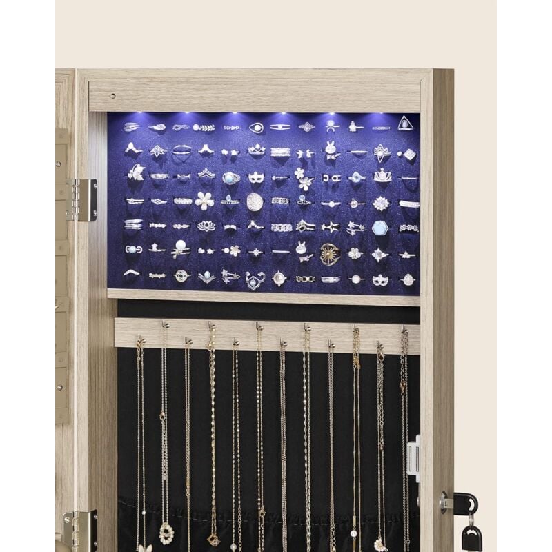 Armoire à Bijoux, pour Colliers, Boucles d’Oreilles, Placard à Accessoires, avec Miroir, Divers Compartiments, Verrouillable, Couleur Chêne JJC093M01 SONGMICS 4