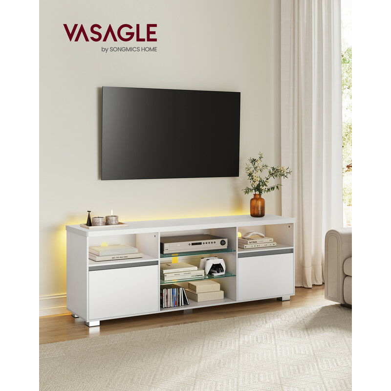 Meuble TV VASAGLE Avec LED - 160 Cm, Étagères Verre Réglables Et Placards - Support TV Jusqu’à 70 Pouces