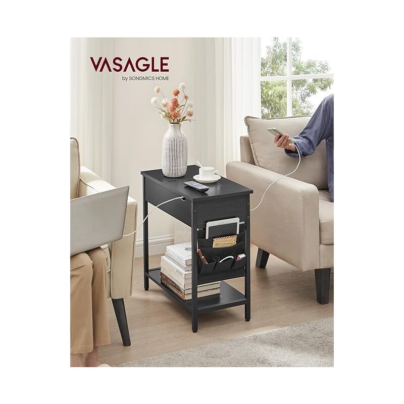 YITAHOME Table D'Appoint Avec Prise USB Et Secteur – Table Basse Étroite Rangement Double Couche 60x30x50 Cm Style Maison De Campagne