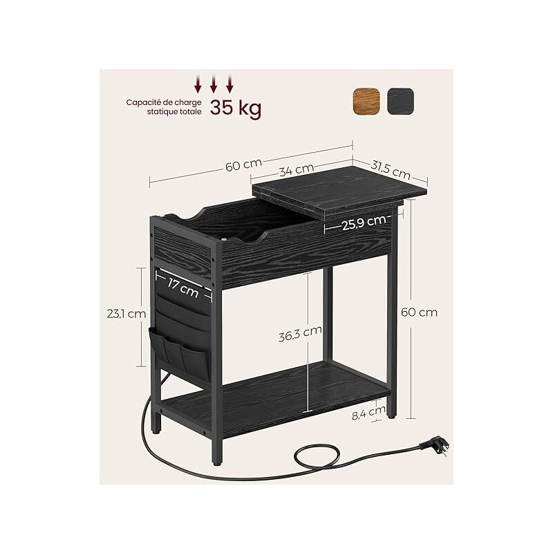 AMHANCIBLE Table De Chevet Avec Station De Recharge, Table D'Appoint Avec Tiroirs En Tissu Et Étagère Ouverte, 2 Prises AC + 2 Ports USB, Pour Chambre à Coucher Et Salon, Noir HETS020BK-1