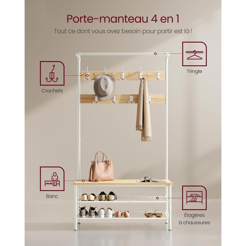 Portemanteau VASAGLE Avec Banc - Meuble Entrée 9 Crochets, Range-Chaussures Et Tringle - Style Industriel Marron/Noir - 41,5x100x182 Cm