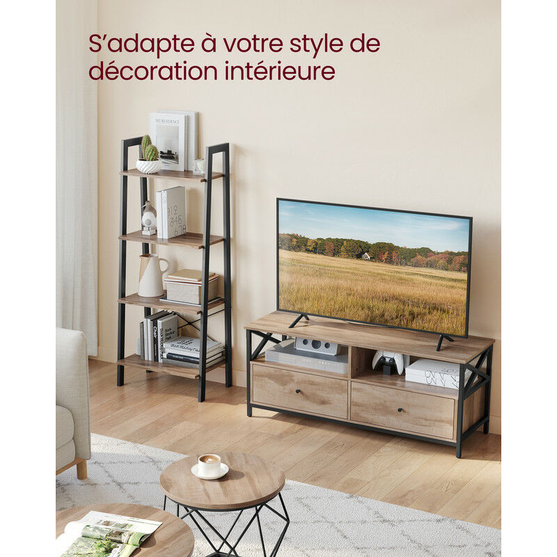 Meuble TV 120 Cm Avec 2 Étagères Ouvertes Et 3 Tiroirs - Console Télévision Style Industriel Gris-Noir