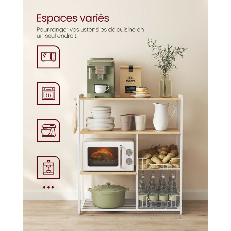 Étagère De Cuisine Industrielle – 50x30x100 Cm – Blanc Et Naturel, 4 étagères MDF, Cadre Métal - 5