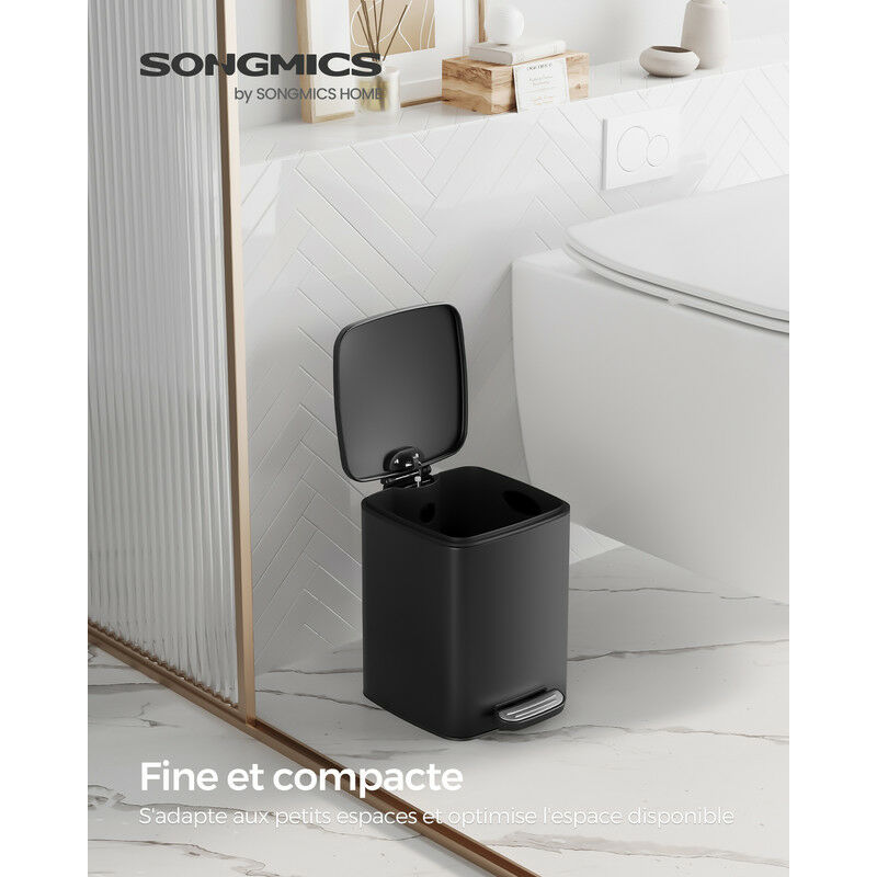 SONGMICS Poubelle De Salle De Bain 5L à Pédale – Acier Noir, Couvercle Doux, Seau Amovible, Format Compact Pour Petit Espace
