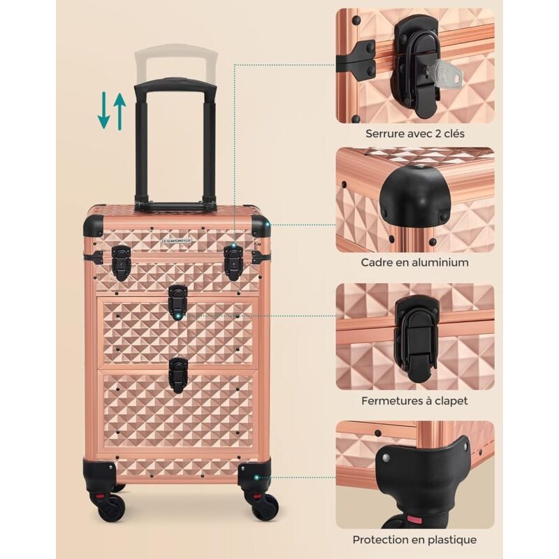 Valise de maquillage professionnel 3-en-1, xxl, 34 x 24 x 70,5 cm,  verrouillable, roulettes à 360°, pour voyages, manucure, maquilleur,  coiffure, rose bonbon 34 x 24 x 70,5 cm (L x l x