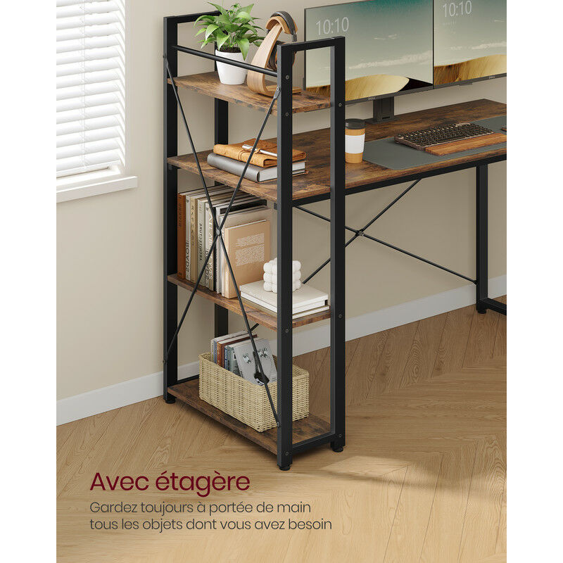 VASAGLE Bureau Gaming, avec Tiroirs en Tissu, Table Informatique avec Support d'Écran, Multiprise, 2 Ports USB, pour Bureau à Domicile, 120 x 60 cm, Marron Rustique LWD093K01V1