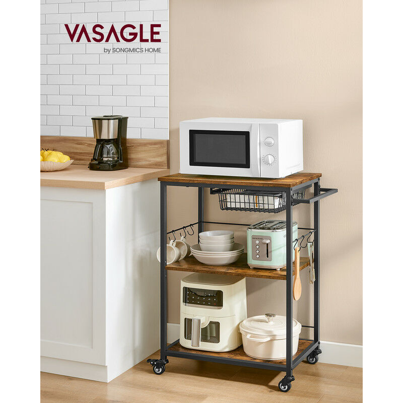 VASAGLE Chariot De Cuisine 3 Niveaux - Desserte Mobile Avec Panier Grillage, 6 Crochets S, Roulettes Freins, Marron Rustique Noir
