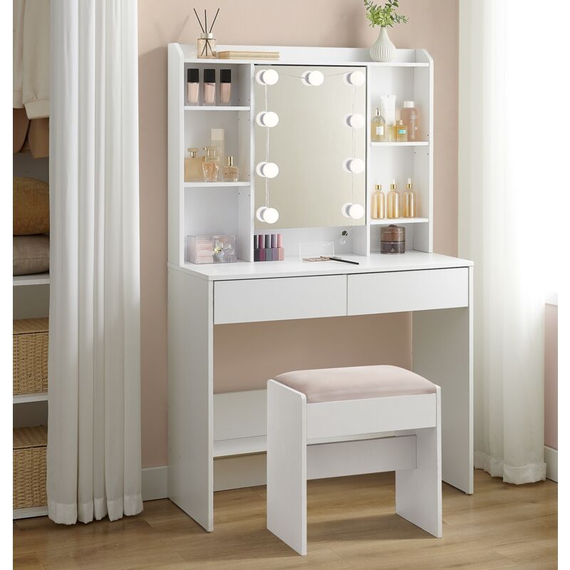 Coiffeuse Avec Miroir Et éclairage LED - 10 Ampoules, 3 Couleurs, 5 Tiroirs, Blanc Moderne (40x110x141 Cm)