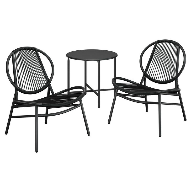 Springos Ensemble Acapulco 2 Chaises + Table Ronde 50 Cm Noir – Rotin PE, Métal, Verre Trempé – Mobilier Jardin Moderne Résistant UV Pour Terrasse & Balcon