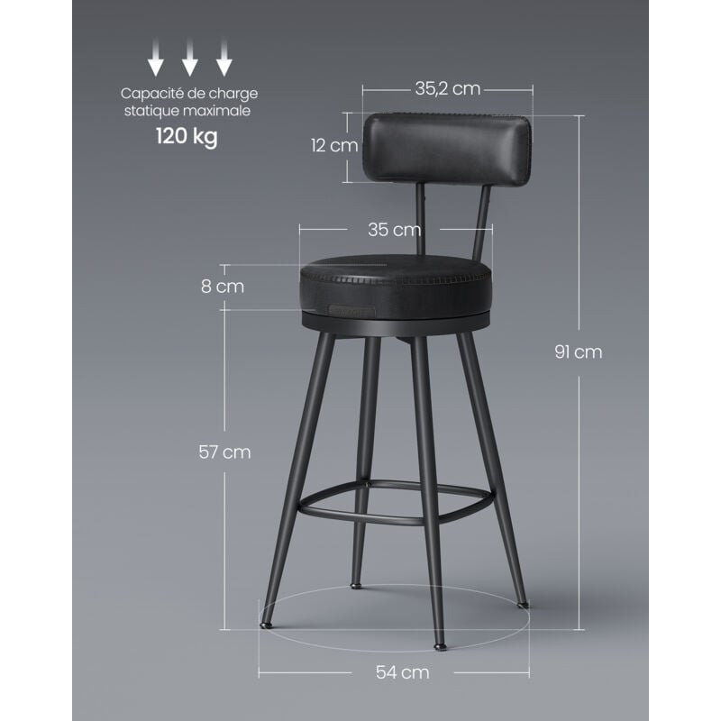 2 Tabourets De Bar VASAGLE Pivotants 360° - Hauteur 65cm, Revêtement PU, Design Moderne - Noir