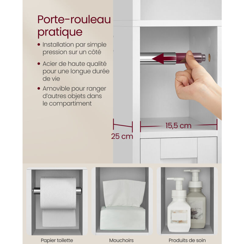 Meuble WC Étagère Salle De Bain VASAGLE - Rangement Compact Avec Portes Coulissantes - Blanc Nuage 20x60x80 Cm