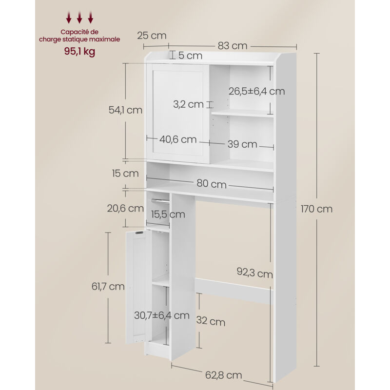Bealife Meuble WC ,3 étagères ouverte réglable,2 portes ajourées