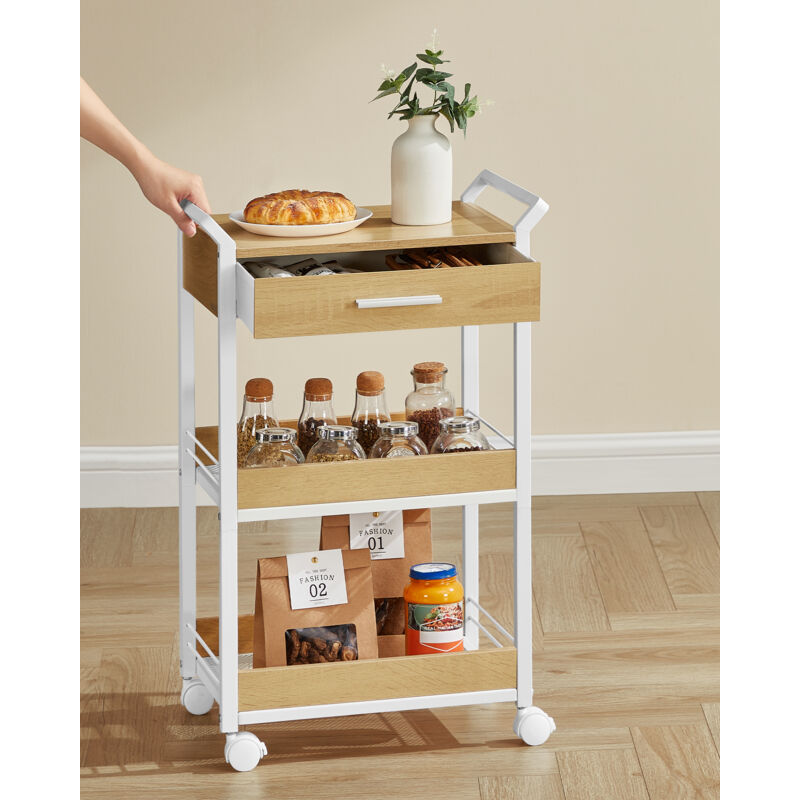 Chariot De Rangement à Roulettes Avec 2 étagères - 67 X 40 X 20 Cm - En MDF Et Métal - Blanc - Pour Cuisine, Salle De Bain, Buanderie