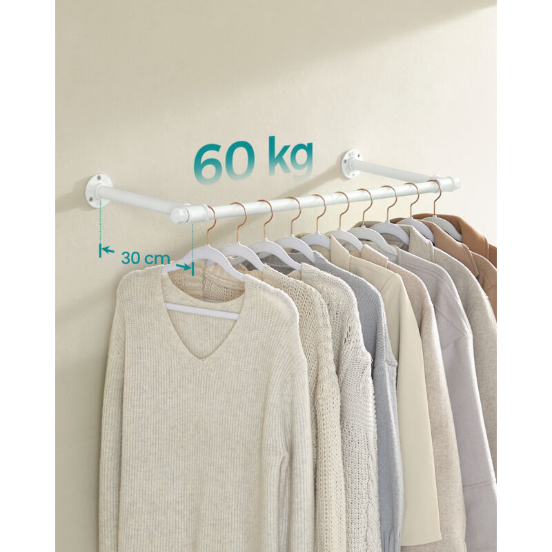 2 Tringles à Vêtements Murale Industrielle Blanc 60cm – Charge 25kg – Économiseur D'Espace Pour Chambre - 7