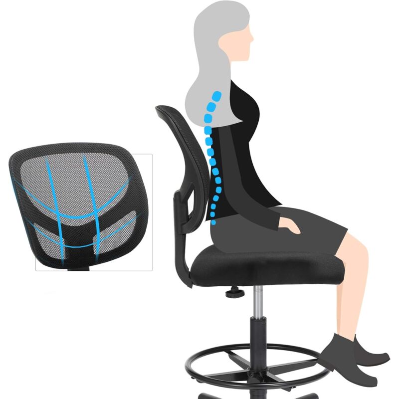 SONGMICS Tabouret Avec Repose-Pieds Circulaire Hauteur Réglable, Siège Ergonomique Rotatif 360° Noir - Charge 120 Kg