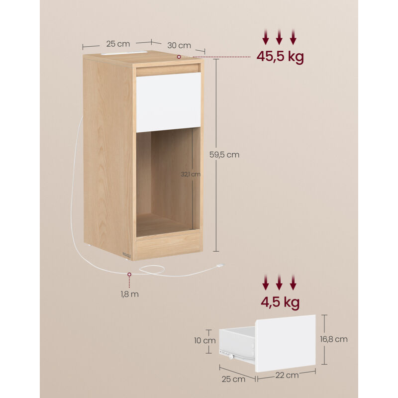 Table De Chevet Murale Avec LED Bluetooth Et Prises De Charge - 31,5 X 20 Cm, 3 Niveaux, Tiroir, 1 AC + 2 USB - 12