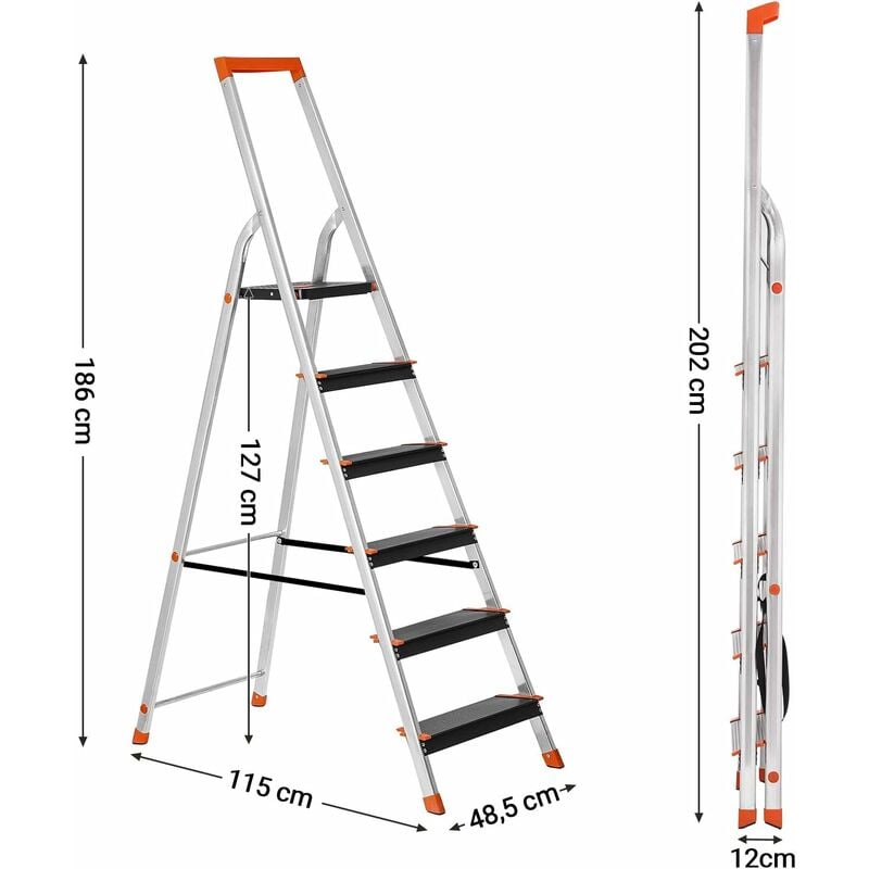 Échelle 6 marches en aluminium escabeau largeur de la marche 12 cm pliable  plateau à outil pieds antidérapants capacité de charge 150 kg noir  12_0001922 HELLOSHOP26 Pas Cher 