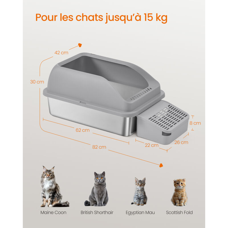 Bac à Litière Pour Chat Feandrea En Acier Inoxydable - 62x42x30 Cm, Bords Hauts - Avec Tapis, Pelle, Brosse - Pour Chats Jusqu'à 15 Kg, Gris Ardoise