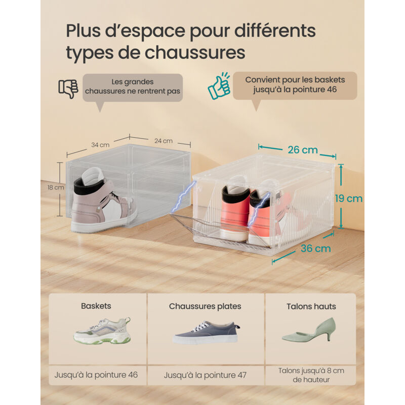 SONGMICS Lot De 6 Boîtes à Chaussures Empilables Transparentes - Jusqu'à Pointure 46 - Porte Magnétique Blanc Nuage