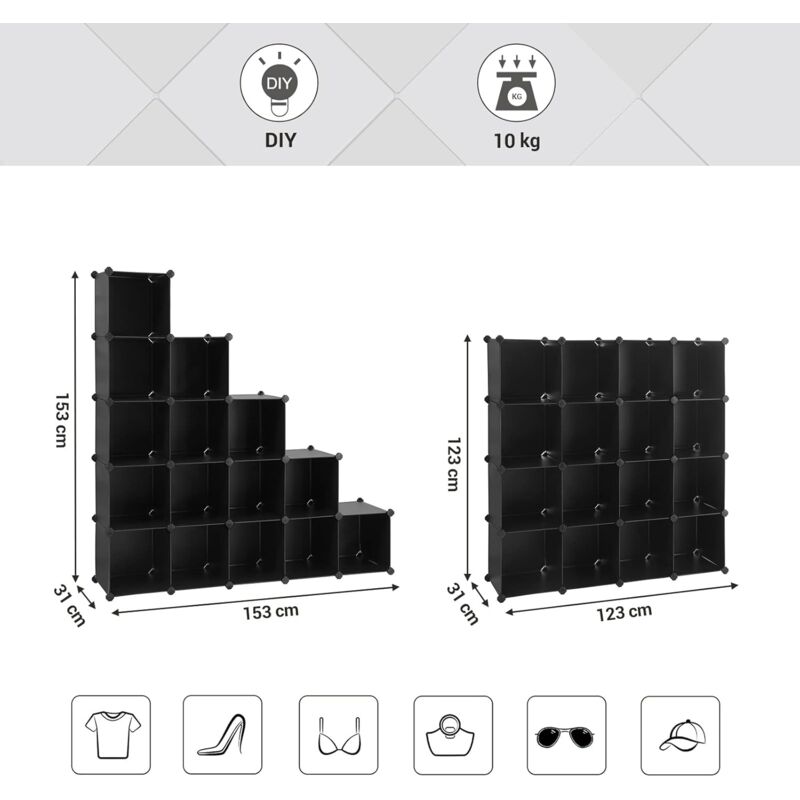 Songmics meuble de rangement modulable, 16 compartiments, étagère en  plastique, avec portes, pour vêtements, chaussures, jouets, livres,  assemblage facile, gris lpc443g01 15 cubes : 153 x 31 x 153 cm (L x l x