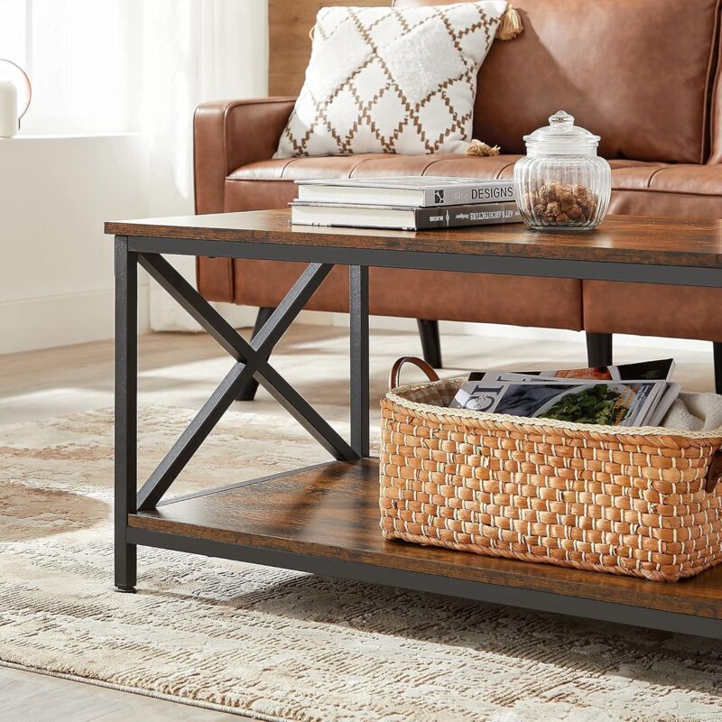 VASAGLE Table Basse Ronde Industrielle Marron Rustique - Avec Étagère De Rangement