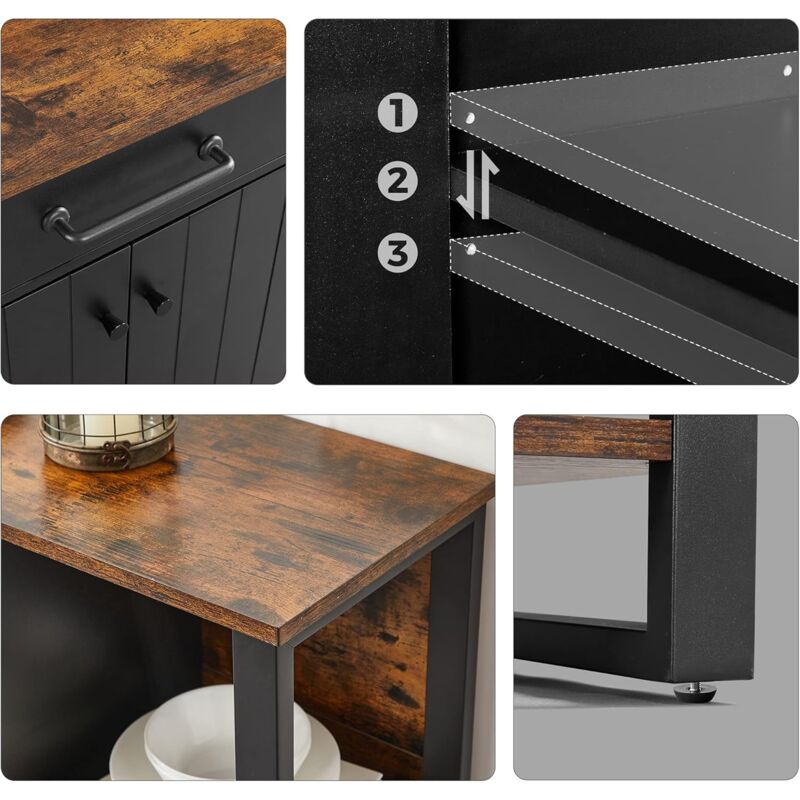 VASAGLE Buffet Style Grange Industriel – Meuble Rangement 3 Compartiments Ouverts, 2 Portes, Étagères Réglables, Marron Rustique Et Noir, 100 X 35 X 70 Cm