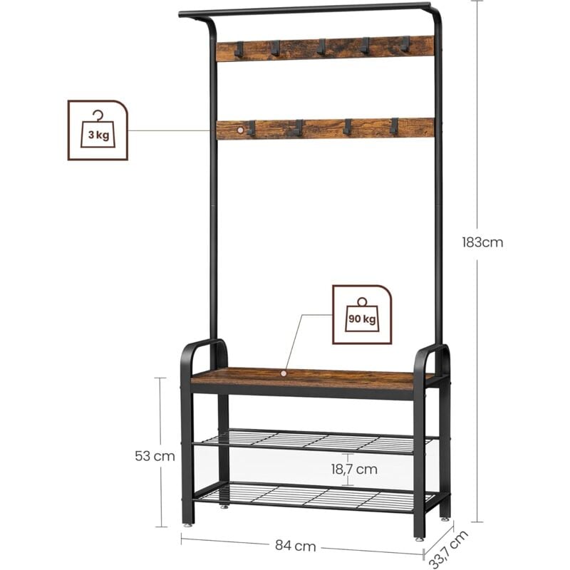 VASAGLE Portemanteau, Vestiaire, Meuble d'entrée, 100 x 41.5 x 182 cm (L x  l x H), avec 9 crochets et porte-chaussures, style industriel,  multifonctionnel, cadre en acier robuste, Marron Rustique et Noir