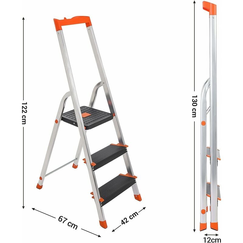 Escabeau 3 marches pliant aluminium avec main courante, Échelle de