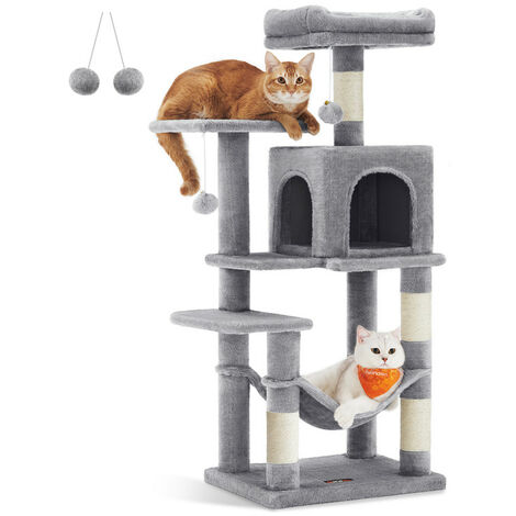 Feandrea – Arbre à chat multi-niveaux 112 cm – 4 poteaux à griffer en sisal – 2 plateformes rembourrées – 1 niche et hamac en tissu peluche – Gris clair