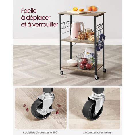 Chariot Service Mobile Cuisine Chariot De Cuisine à 3 étages Sur Roulettes - Dimensions 60x40x73 Cm - Avec étagère Réglable Et Crochets - Marron