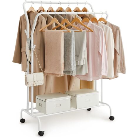 Portant à Vêtements avec Roulettes, Double Barre, Porte-manteau, en Acier, Charge 100 kg, Largeur de 103,5 cm, Rangement Polyvalent, Blanc