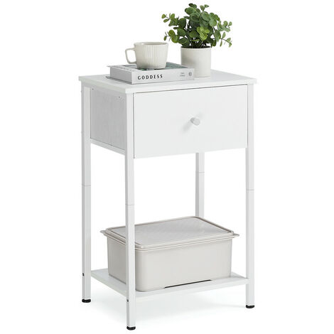 Table de Chevet, Table d’Appoint avec Tiroir en Tissu, 38 x 28 x 61 cm, avec Étagère de Rangement, Blanc (1/5)