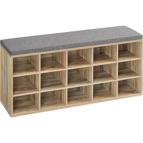 Vasagle – Banc à chaussures avec assise rembourrée – Rangement 15 compartiments – Capacité de charge 200 kg – Panneau aggloméré chêne bleu et gris – Dimensions 30 x 105 x 48 cm