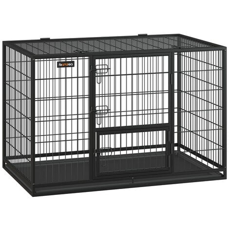Feandrea Cage pour Chien Lourd, pour Chiens de Taille Grande et Moyennet, Double Porte Amovible, Nettoyage Facile, Parc à Chiens, Noir, 122 x 74,5 x 80,5 cm