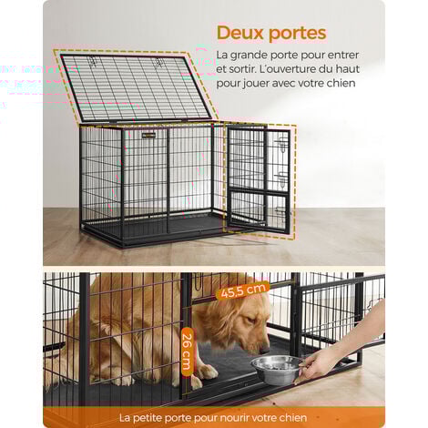 Feandrea Cage pour Chien Lourd, pour Chiens de Taille Grande et Moyennet, Double Porte Amovible, Nettoyage Facile, Parc à Chiens, Noir, 122 x 74,5 x 80,5 cm
