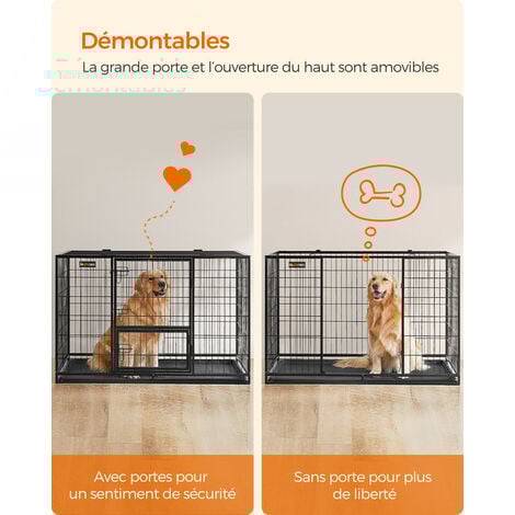 Feandrea Cage pour Chien Lourd, pour Chiens de Taille Grande et Moyennet, Double Porte Amovible, Nettoyage Facile, Parc à Chiens, Noir, 122 x 74,5 x 80,5 cm