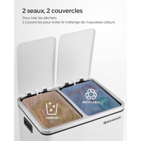 SONGMICS Poubelle Cuisine, 2 x 15L, Poubelle Tri, avec Pédale, 2 Compartiments, Seaux Intérieurs, Couvercles en Douceur, pour Petites Familles, En Acier, Blanc