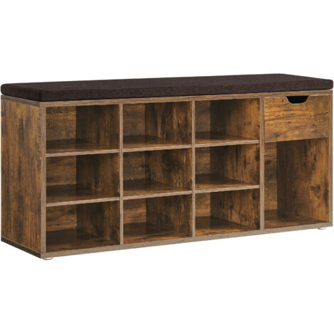Vasagle – Banc à chaussures avec tiroir et compartiments – Dimensions 30 x 104 x 48 cm – Marron rustique – Panneau d’aggloméré et MDF
