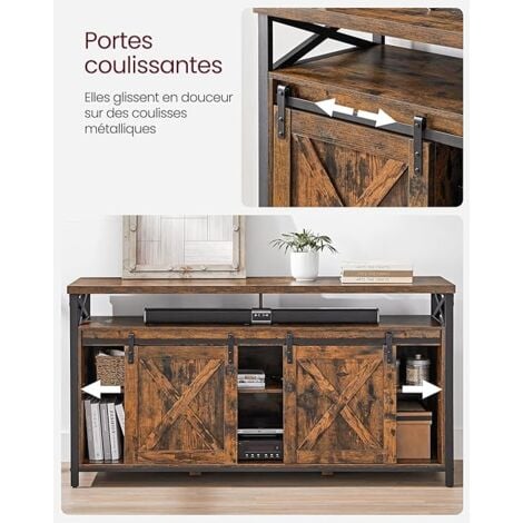 VASAGLE Meuble TV, Support pour Téléviseur Jusqu’à 65 Pouces, avec Étagères Réglables, Portes Imitation Grange, Style Rustique, Cadre en Métal, Marron Rustique et Noir