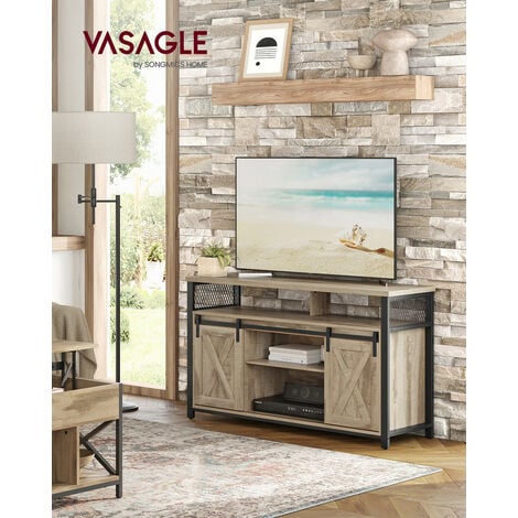 VASAGLE Meuble TV, Support pour Téléviseur jusqu’à 60 Pouces, Table Télé avec Étagères Réglables, Porte Coulissante, Cadre en Métal, Couleur Chêne et Noir