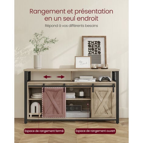 VASAGLE Meuble TV, Support pour Téléviseur jusqu’à 60 Pouces, Table Télé avec Étagères Réglables, Porte Coulissante, Cadre en Métal, Couleur Chêne et Noir