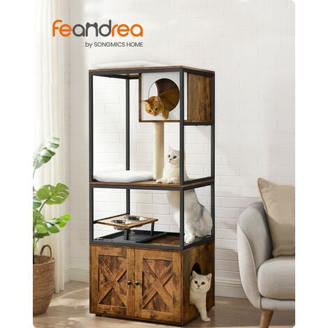 Feandrea Arbre à Chat, Maison pour Chat avec Cache-litière, Gamelles Surélevées, Poteau à Griffer en Sisal, Tapis Lavables, Marron Rustique