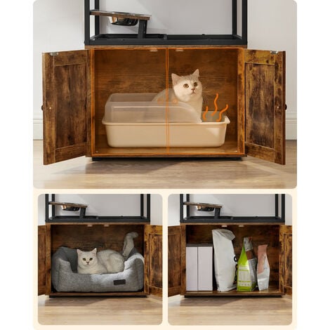 Feandrea Arbre à Chat, Maison pour Chat avec Cache-litière, Gamelles Surélevées, Poteau à Griffer en Sisal, Tapis Lavables, Marron Rustique