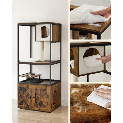 Feandrea Arbre à Chat, Maison pour Chat avec Cache-litière, Gamelles Surélevées, Poteau à Griffer en Sisal, Tapis Lavables, Marron Rustique