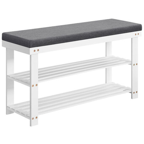 Songmics – Banc à chaussures en bambou – Étagère à 2 niveaux – Rembourré – Charge 136 kg – Dimensions 29 x 90 x 49 cm – Blanc et gris